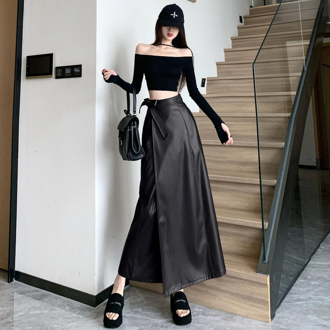 COSYEVNO 여성 가죽 스커트 가을 루즈핏 패션 하이웨스트 트임 원턱 튜닉 미디 A라인 스커트 lyjnspq-7