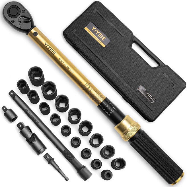 YIYEIE 22PCS 토크 렌치 세트 1/2" 드라이브 10-180 ft.lb/13.6-244.1 Nm 임팩트 소켓이 있는 클릭 렌치 1피트 lbs 마이크로 72-이빨, 22pcs 10-160 Ft.lb(10-227 Nm), 1개