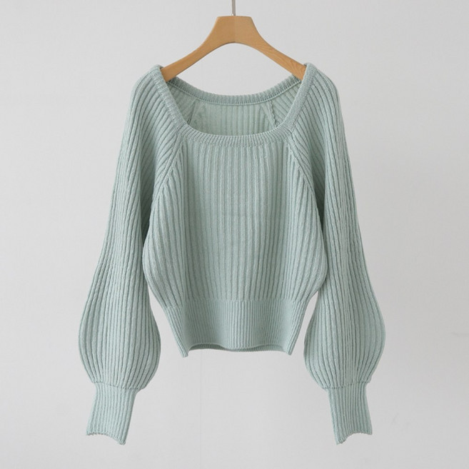 제니트 여성 우아한 실루엣 골지 퍼프 소매 와이드 시보리 스퀘어넥 긴팔 니트웨어