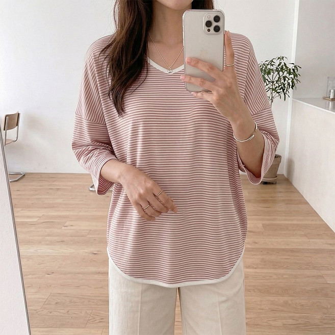 데일리앤 롤리 기본 스트라이프 단가라 여성 브이넥 루즈핏 박스 데일리 쭈리 5부 반팔티 빅사이즈