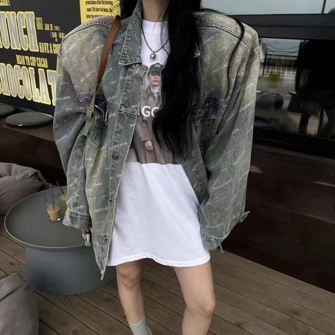 동대문 보이프렌드 구제 풀프린트 비비 레터링 나른한 빅핏 루즈핏 슬림핏 데님 코트