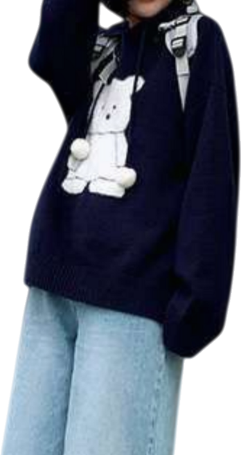 Makone 여성 가을 겨울 캐릭터 곰돌이 루즈핏 후드 스웨터