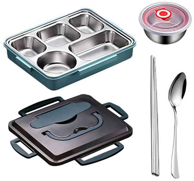 힙앤바디 원터치 식판 도시락 + 국그릇 + 스텐 수저세트, 블루, 1세트