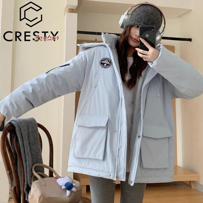 크레스티 겨울 여성 미디 퍼카라 코트 캐주얼 방한 두꺼운 자켓