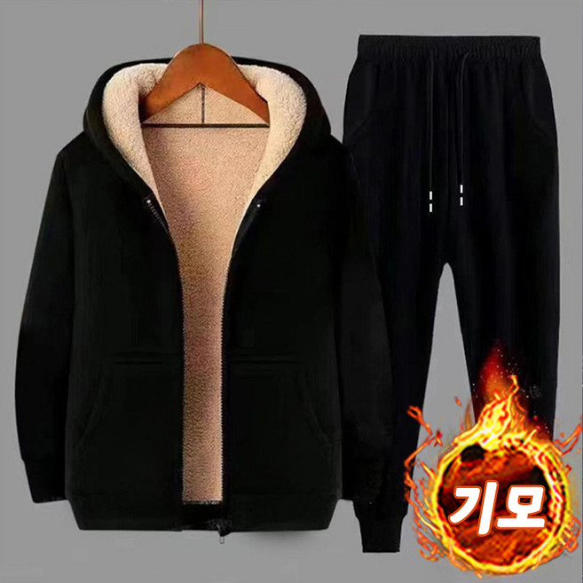 남성 보온 양털 기모 후드 자켓 블랙 가을겨울 아우터 허리밴딩 조거팬츠 후리스 트레이닝복 방한복 세트