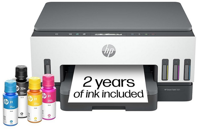 HP 스마트 탱크 7001 무선 올인원 잉크 탱크 프린터 스캐너 2년 잉크가 포함된 복사기 가정용 최고의 사무실 카트리지 프리 리필 AI 지원(28B49A)