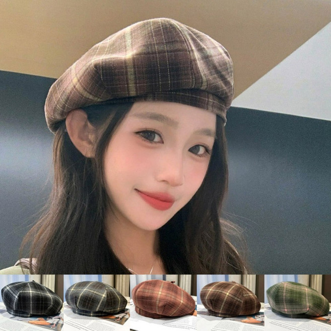 여성 예쁜 빈티지 체크 패턴 포인트 간절기 패션 베레모
