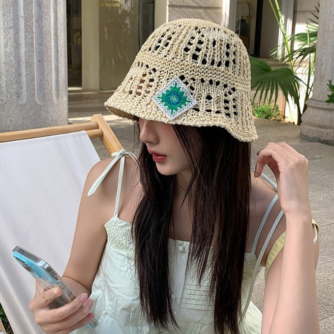 [Bahn.5컬러] 미아 니트 라벨 여름 라피아햇