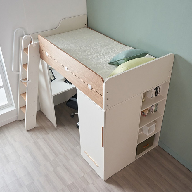 [매트업그레이드행사][에보니아] 폴라 슈퍼싱글 책상수납 벙커이층침대 풀세트 (매트 옵션선택), 1_본넬매트12T_사다리형_안전가드(A화이트)