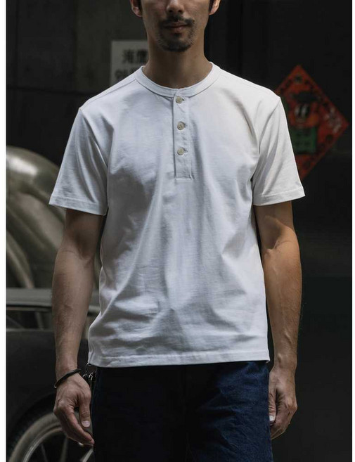 (BRONSON) 브론슨 제품 SHORT HENLEY 반팔 워커 SLEEVE 헨리넥 티셔츠 SHIRTS, 1개, 하얀색 현물 상품 특대