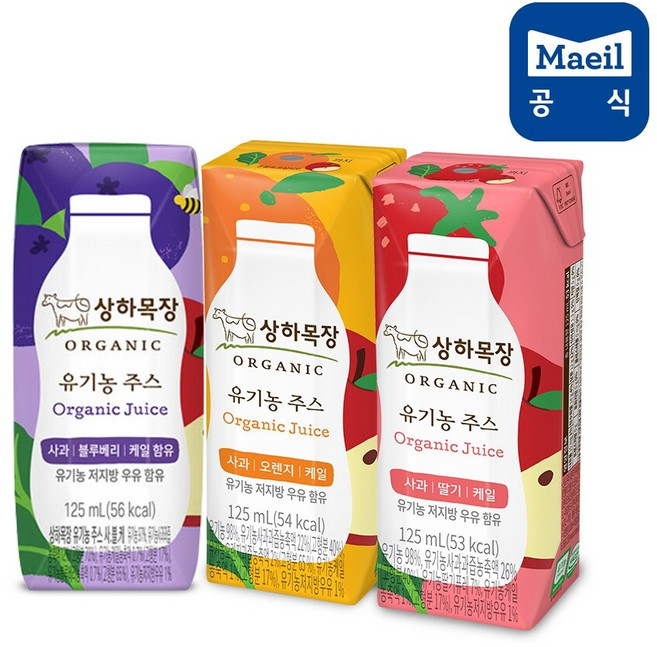 매일유업 상하목장 유기농 주스 멸균 125ml 24팩 3종 혼합(딸기8+오렌지8+블루베리8), 1세트