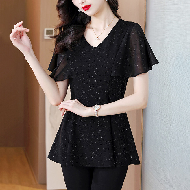 페이준 여성 봄 여름 브이넥 샤이닝 반팔 티 슬림핏 댄스복 YJ4994