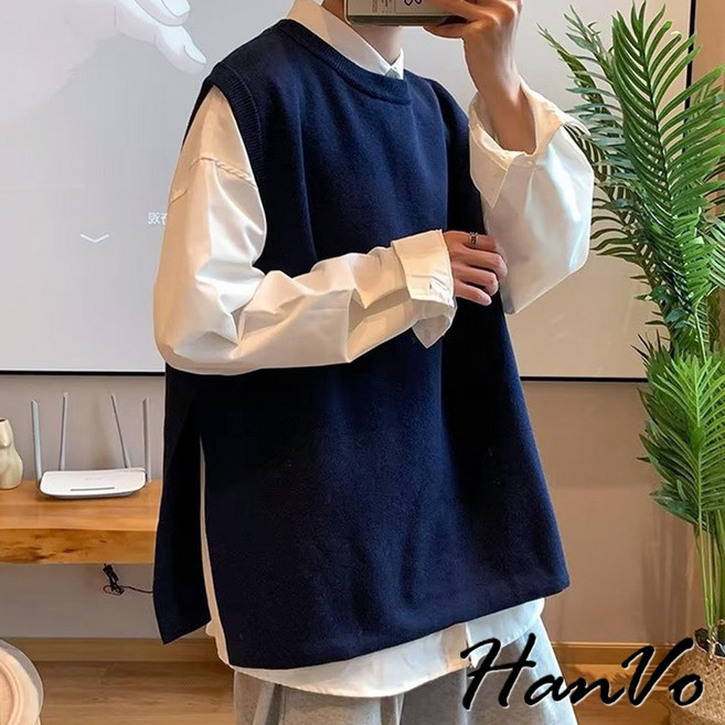 HanVo 男款素色寬鬆側開岔針織背心 - 潮流百搭親膚保暖 日常男裝