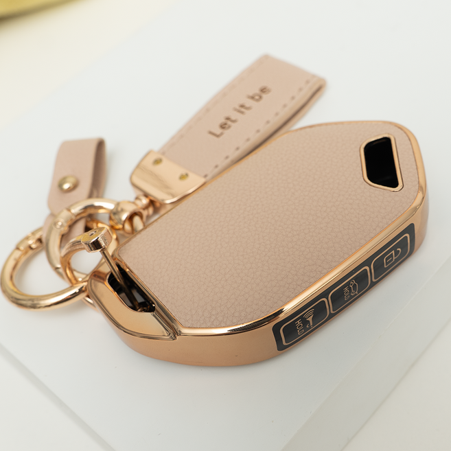 양면각인 기아 호환 EV3 EV4 EV5 EV6 K5 DL3 K8 타스만 셀토스SP3 쏘렌토MQ4 스포티지NQ5 리모콘 가죽 차키케이스 커버 스마트 5버튼 키홀더 스트랩, TL66_KH17, 아이보리골드