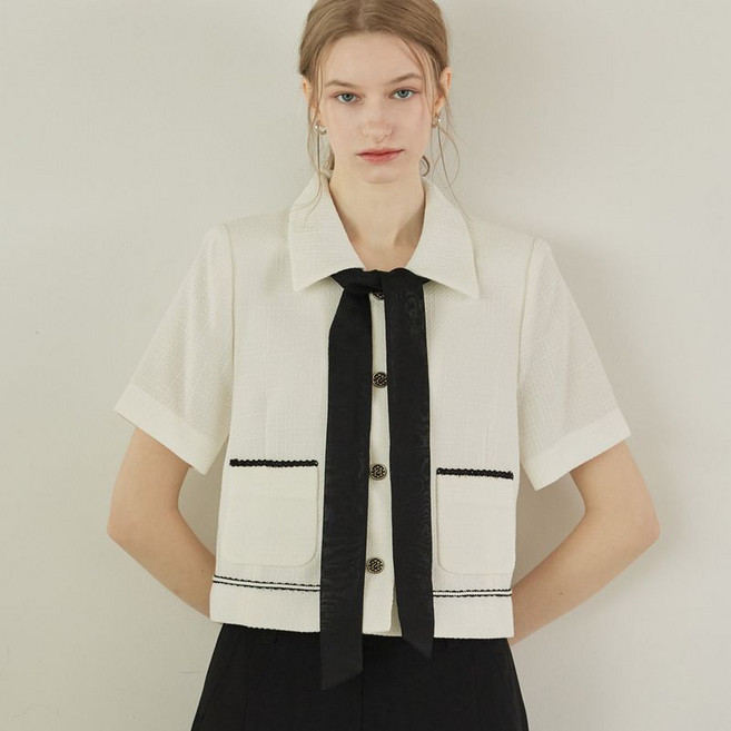 리안뉴욕 배색 포인트 카라 크롭 트위드