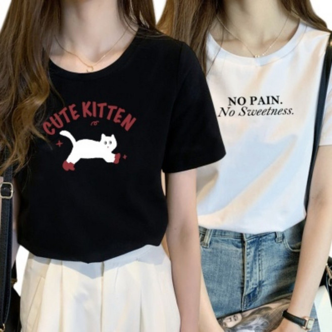 프리티쥬시 1+1 여성 라운드넥 면 반팔티 고양이 반팔티셔츠