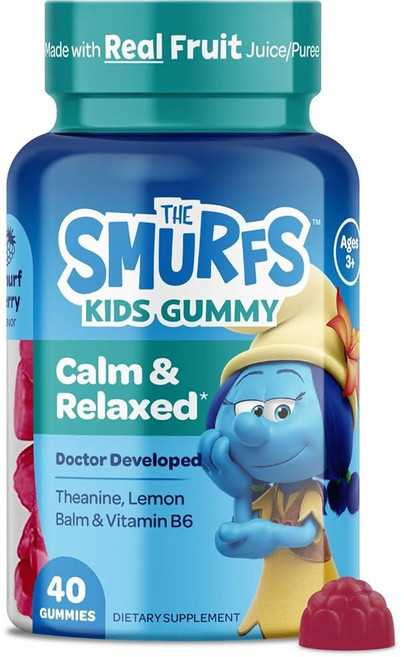 Smurfs Kids Calm Gummies | 레몬 밤 및 L 테아닌이 함유된 아동용 진정 젤리 실제 과일로 제작 의사가 개발 젤라틴 프리 GMO 인공 향료 또는 색소 없음, 1개