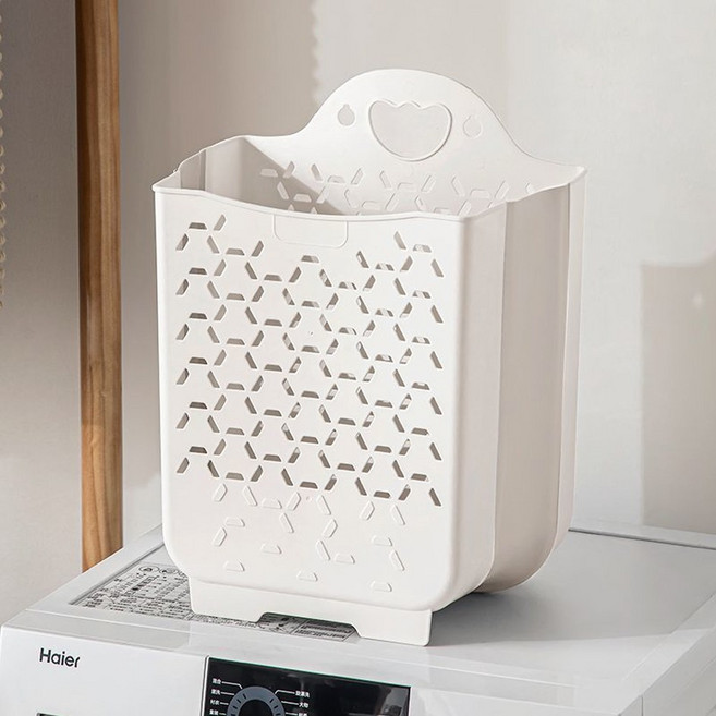 이지유 접이식 벽걸이 부착 틈새 빨래 바구니 38L 폴딩 세탁 런드리 바스켓 실리콘 빨래통, 화이트