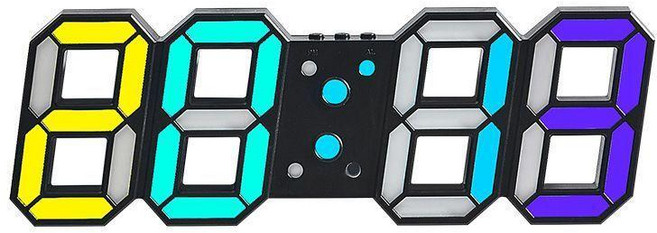 3D RGB 電子掛鐘 LED 數字時鐘 炫彩 牀頭夜光鐘錶, 黑色外殼30*11CM