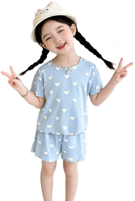 萱寶媽咪baby童裝館 【現貨】韓版兒童夏季冰絲套裝日系童裝女童短袖套裝家居套裝睡衣套裝居家套裝涼感空調服小孩夏季睡衣居家服夏季薄款套裝萱寶媽咪