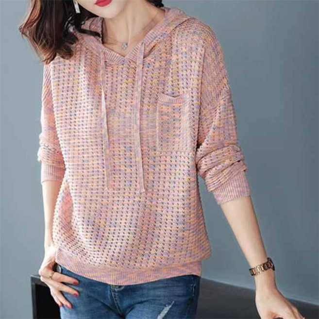 TKX 여성 캐주얼 니트 후드 긴팔 티셔츠 봄 가을 얇은 후드티 통기성 소재 슬림핏 포켓 장식 KN53