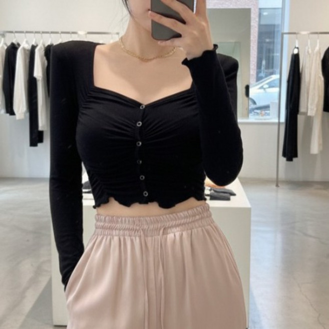 히또리 T5073 어깨패드 쭉쭉이 크롭 물결 똑딱이 가디건 티셔츠