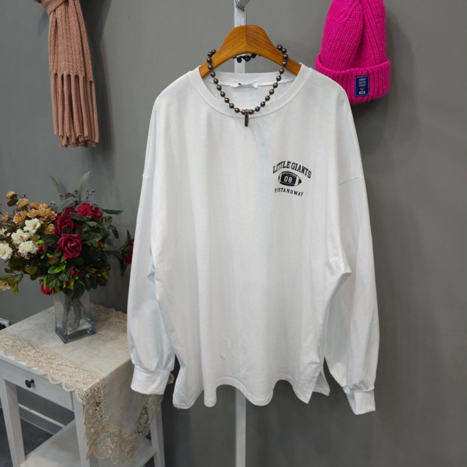 리틀자이언츠 여성 오버핏 라운드넥 심플 레터링 면100% 긴팔 티셔츠