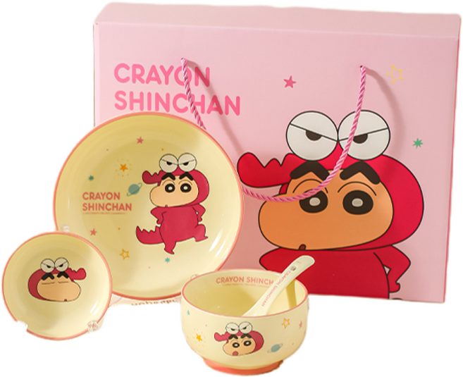 가와시마야 짱구 세라믹 한식기 5종 세트, 핑크 + 옐로, 1세트, 접시 + 공기 + 종지 + 숟가락 + 젓가락