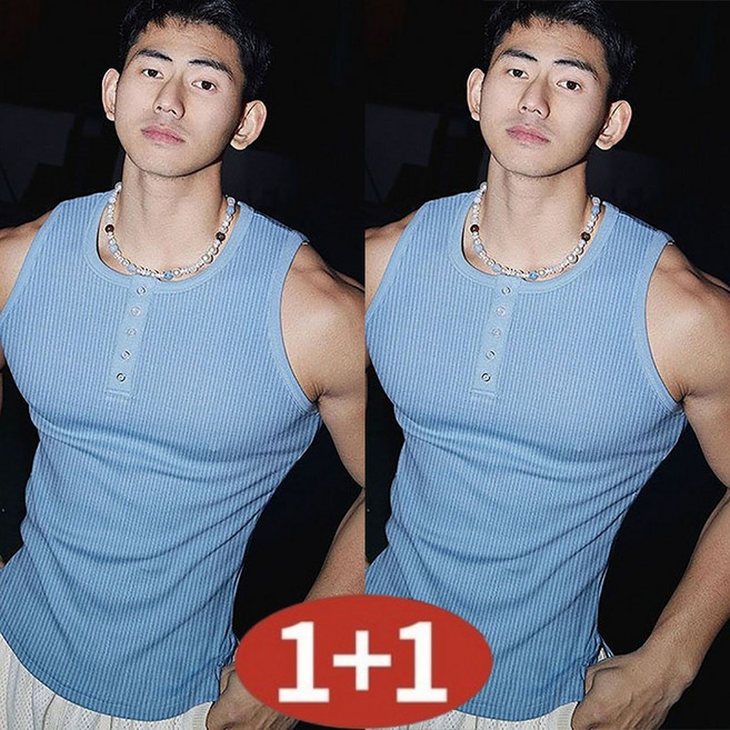 AOKADA 1+1 남성 헨리넥 슬림핏 골지 나시 머슬핏 민소매 티셔츠 단추 포인트 헬스복 캐주얼 상의