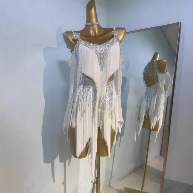 여성 라틴댄스복 태슬 공연복 성인용 화려한 무대의상 연습복 상의 하의 포함, 1개, 화이트 XL