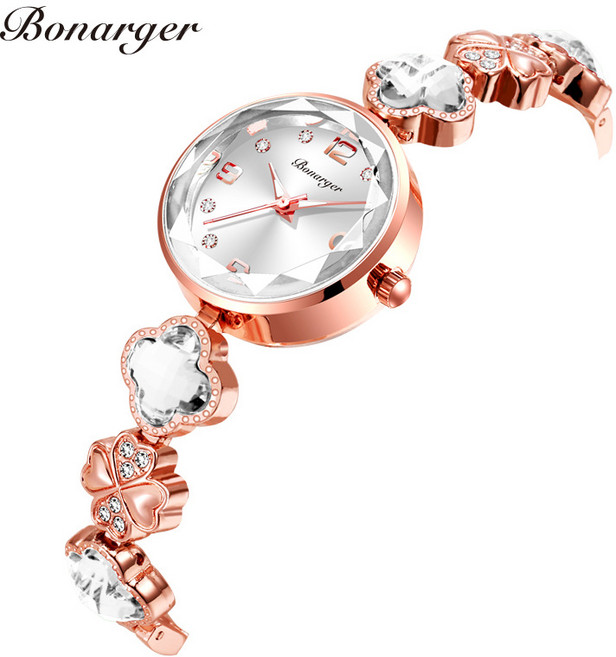Bonarger 여성 클로버 다이아몬드 팔찌 쿼츠 무브먼트 야광 방수 캘린더 시계 B3590L
