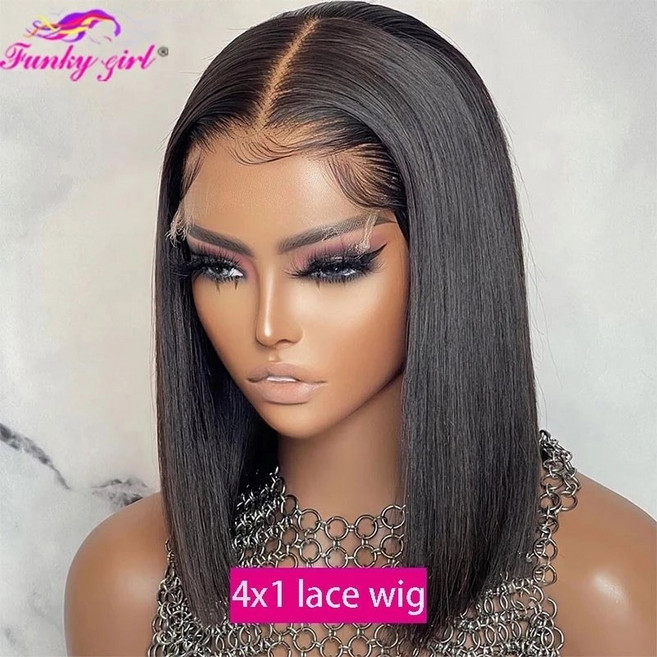 레이스 가발 짧은 밥 t 부분 레이스 프론트 가발 인간의 머리 가발 여성용 brazilian straight bob 4x1 13x1 lace human hair wigs wig, 4x1 t파트 가발, 8인치 밥, 150, 1개