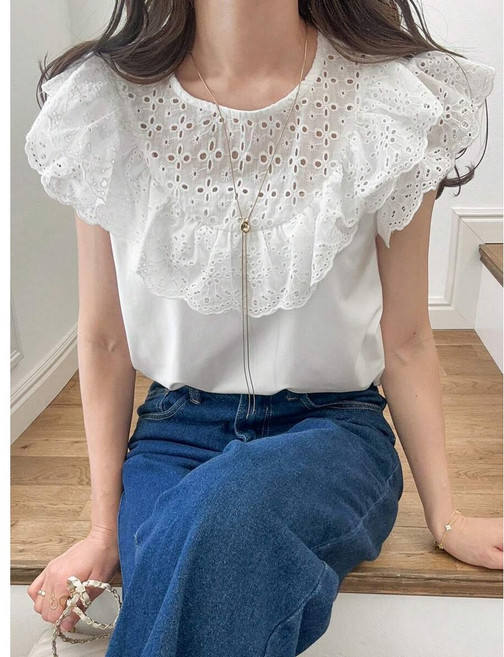 WEILI 女士甜美刺繡蕾絲鏤空荷葉邊下擺飄逸袖襯衫搭配撞色鑲片夏季
