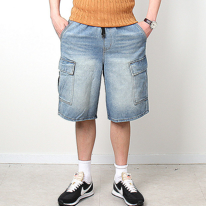 엠라지 남자 여름 워싱 데님 포켓 밴딩 카고 반바지