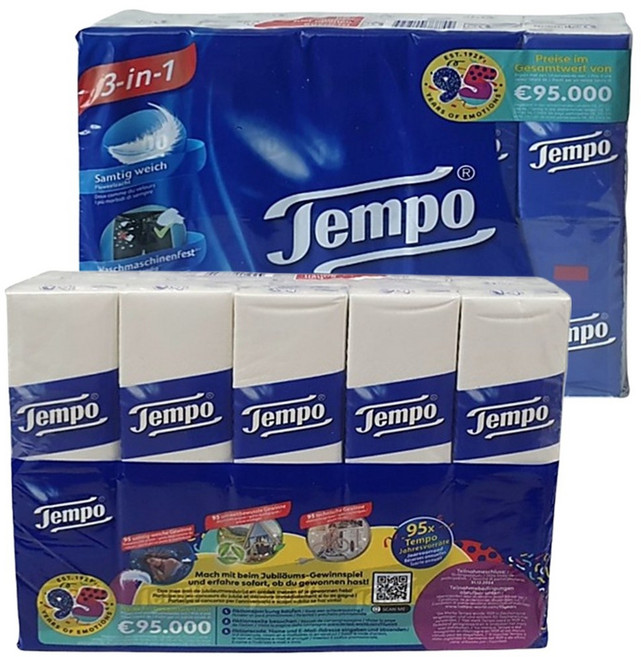 템포 티슈 천연펄프 먼지없는 독일 휴대용 4겹 10매입 30개 1팩, 30개입, 1세트