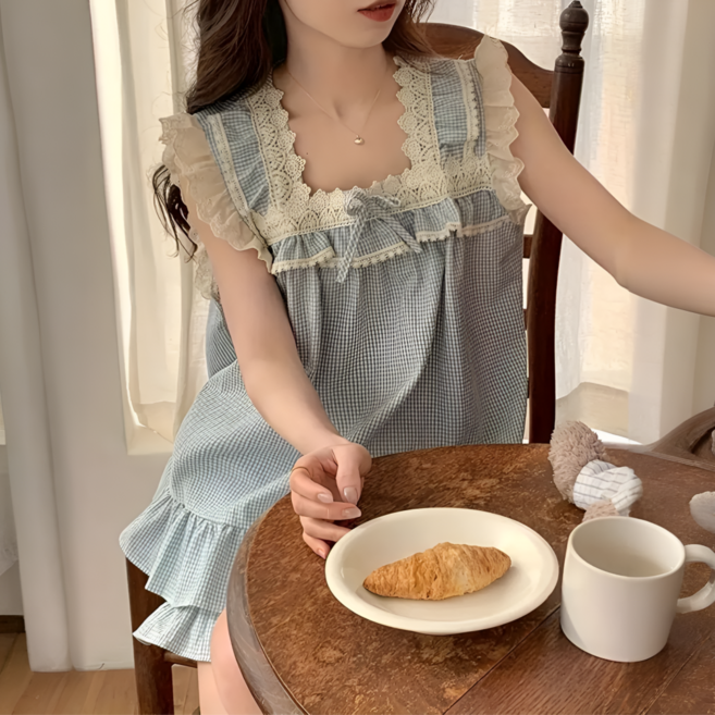 사랑스러운 체크 레이스 민소매 프릴 파자마 여름 홈웨어 세트