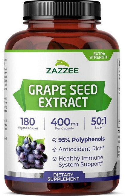 Zazzee 포도씨 추출물 20 000mg 강도 180 비건 캡슐 95% 폴리페놀 (프로안토시아니딘) 강력한 50:1 추출물 캡슐 당 400mg 6개월 분량 GMO, 180 Count (Pack of 1)