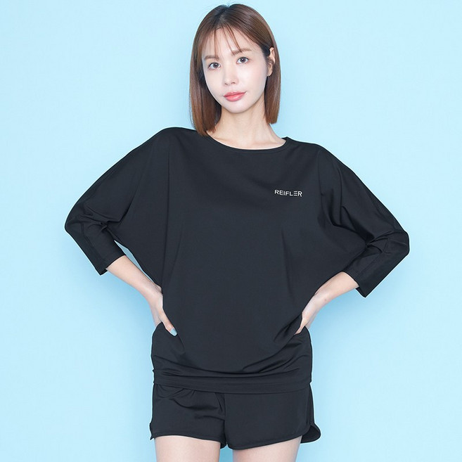 레이플러 여성용 빅사이즈 스몰로고 가오리 뱃살커버 래쉬가드 상하의세트 RTW23101+SPW23201