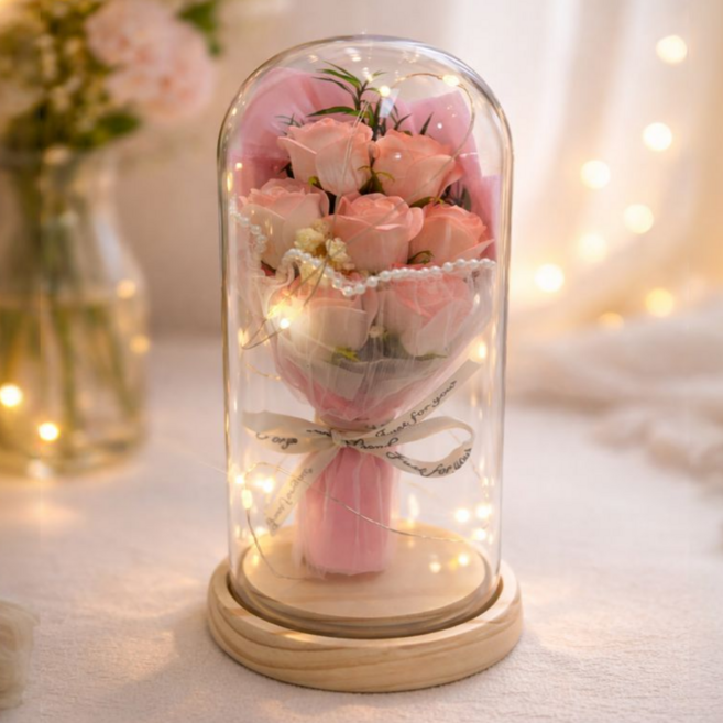 아노유 유리돔 장미 카네이션 꽃 LED 무드등 선물포장세트, 로즈-핑크