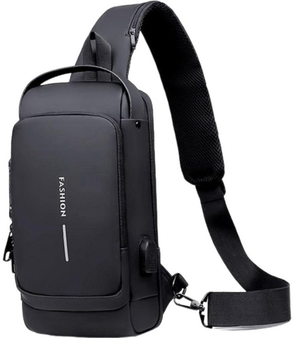 YOGEMDI 防盜斜背機車包 男士胸包 肩背包 運動腰包 附USB充電孔, 黑色