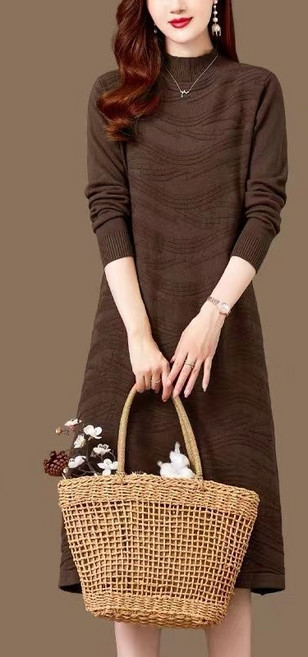 메인워크 중년여성 반폴라 니트 원피스 긴팔 봄가을 간절기 스판 엄마룩 루즈핏 데일리 하객룩 스웨터 스커트