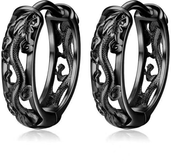 嘻哈個性耳圈 男士耳釘 百搭耳飾 龍紋耳環 黑色【一對】