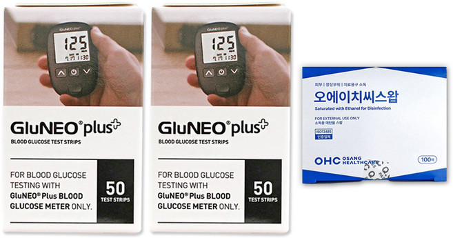 글루네오 플러스 혈당시험지 100매 검사지 + 사은품 대한 개별포장 알콜솜50매