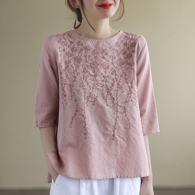 린넨 솔리드 7부소매 여성 여름 티셔츠 예쁜 자수 루즈핏 라운드넥 소프트 데일리 상의