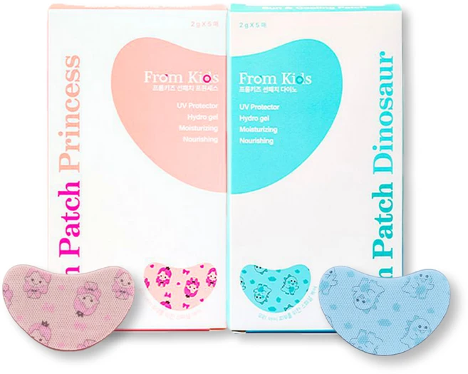 [1+1]프롬키즈 하트 쿨링 선패치 2종 유아 어린이 초등 무자극 자외선 주근깨 차단, 핑크 프린세스+블루 다이노, 2개, 10g - 쿠팡