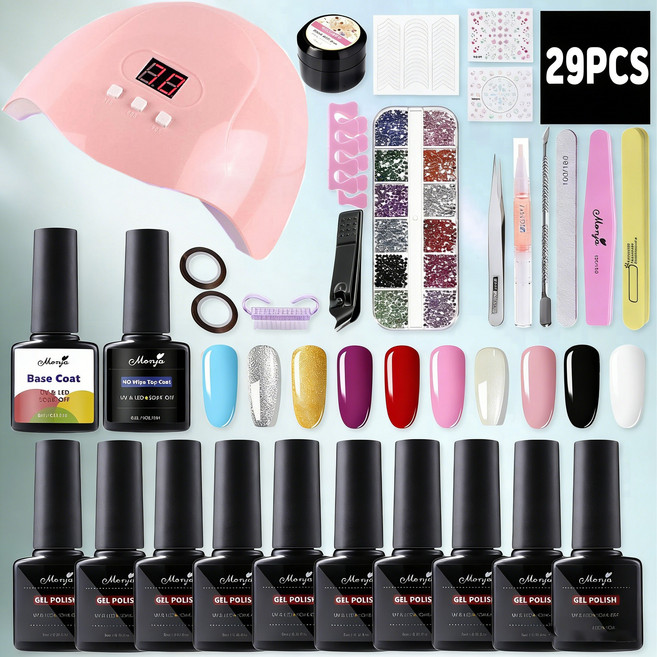 젤네일 세트 29종 풀세트 초보자 입문용 네일 키트 36W UV 네일램프 포함 안전한 젤네일 홈네일 셀프 네일 관리 세트, 1개, 핑크색
