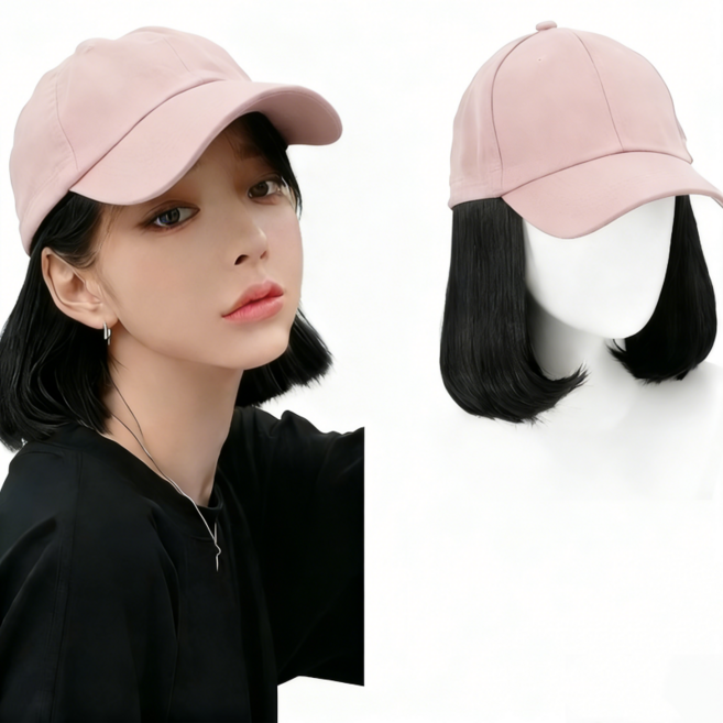 상덕 요즘유행 모자 가발 여성 가발 짧은 생머리, 1개, 핑크모자,블랙헤어