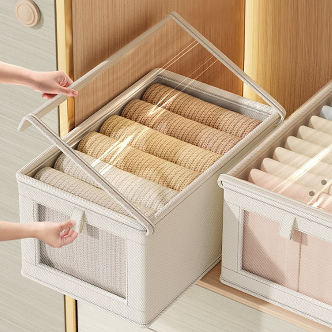 폴딩 투명 의류 옷 이불 정리함 수납함 리빙박스, 1개, 아이보리