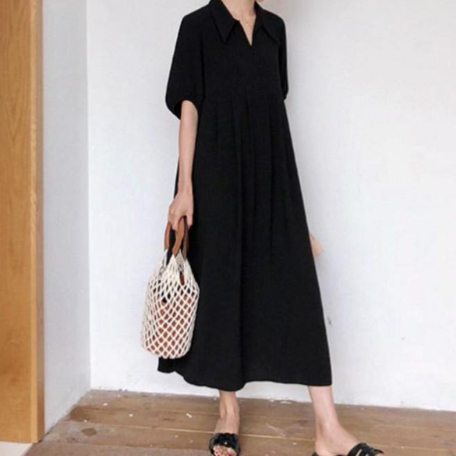 JLOG 반팔 벌룬소매 카라넥 롱원피스 블랙카라OPS