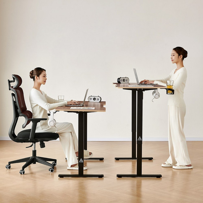 아우스 GE05 올인원 높이조절 전동 모션데스크 스탠딩책상 사무용 높낮이조절책상 컴퓨터책상 게이밍책상 가성비책상, 월넛 상판+블랙 프레임